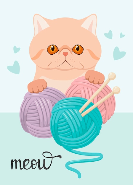 A postcard with a funny cat and threads. Cartoon design.