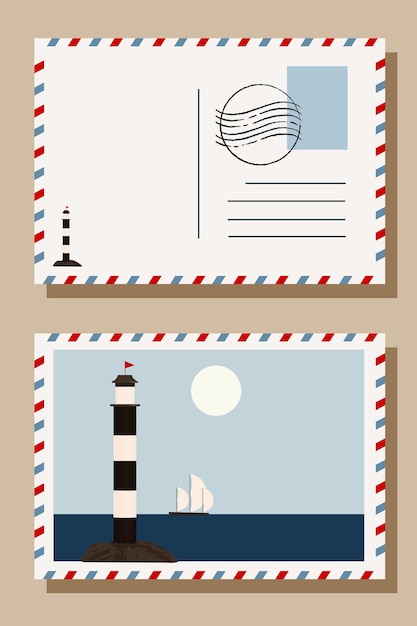 Vector a postcard with a lighthouse and a sailboat on it.