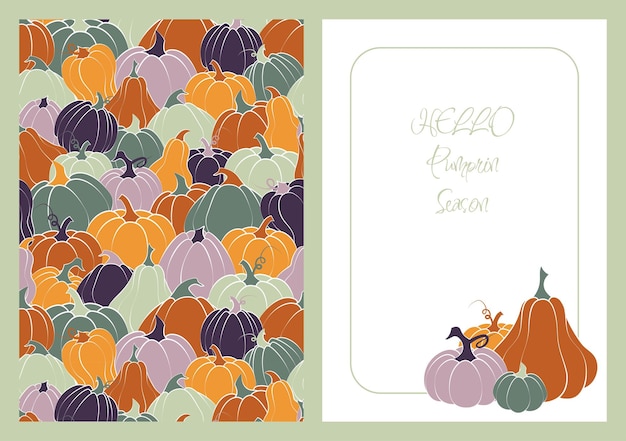 Postcard with pumpkins for the autumn event. Abstract background of autumn nature.  Seamless pattern