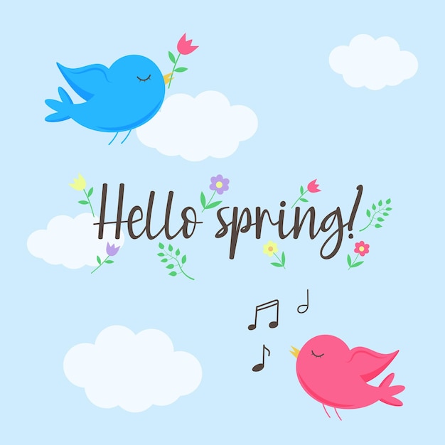 Postcard with text Hello spring cute birds flying among clouds and cartoon flowers