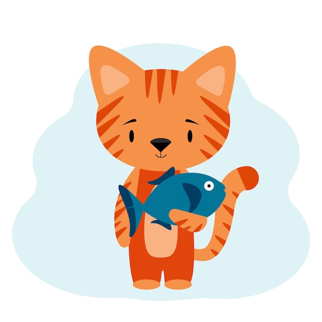 Postcard with a vector image of a ginger cat and a blue fish in his hands