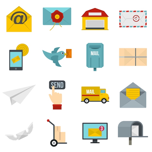 Poste service icons set in flat style