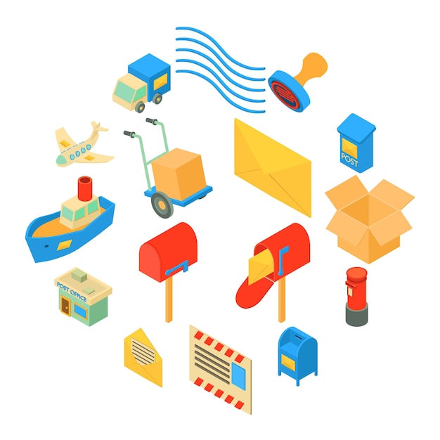 Poste service icons set, isometric style