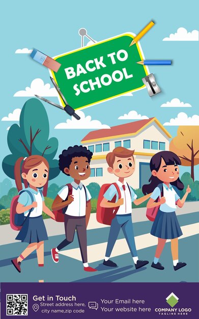 a poster for back to school with children carrying school supplies