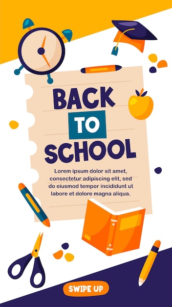 A poster for back to school with a pencil and a book.