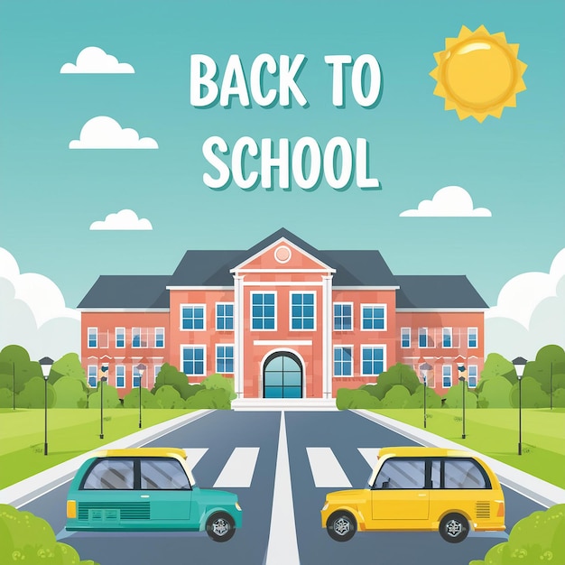 a poster for back to school with a yellow car and a blue van