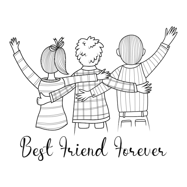 Vector poster and banner design for friendship outline illustration of 3 best friends hugging each other