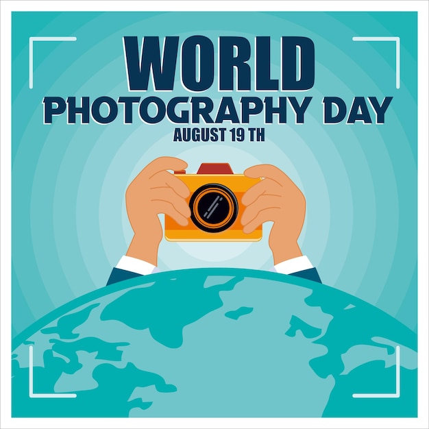 Vector poster and banner design for world photography day illustration of a hand holding a camera flat vector modern illustration