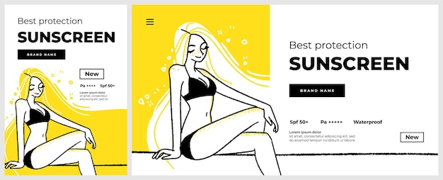 Poster and banner or landing page template for sunscreen protection Happy smiling woman character