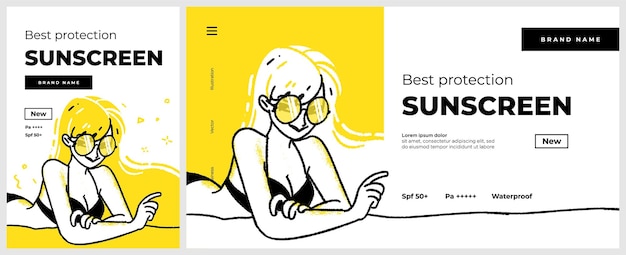 Poster and banner or landing page template for sunscreen protection sun care cosmetics