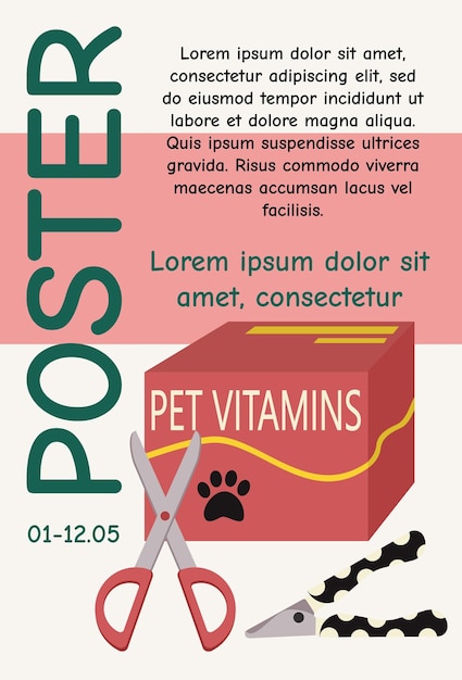 Poster banner template design with pet vitamins scissors and text Typography