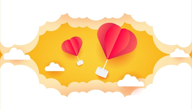 Poster or banner with blue sky and paper cut clouds and heart sign drop in sky