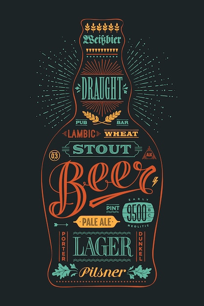 Poster bottle of beer with hand drawn lettering