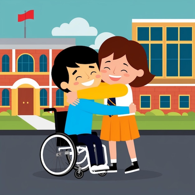 a poster of a boy hugging a girl in a wheelchair