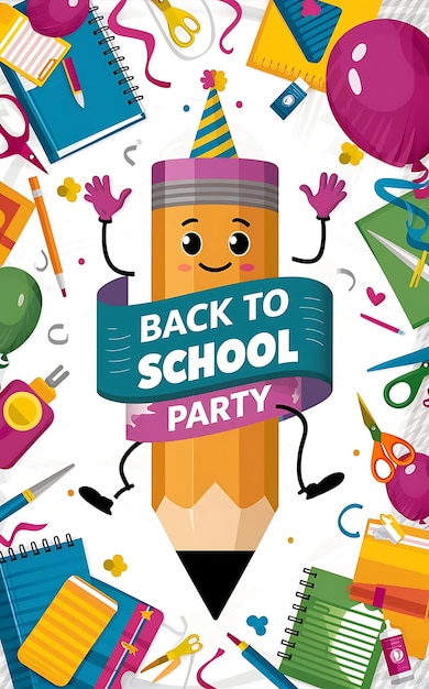 a poster of a cartoon pencil with a back to school party hat on it