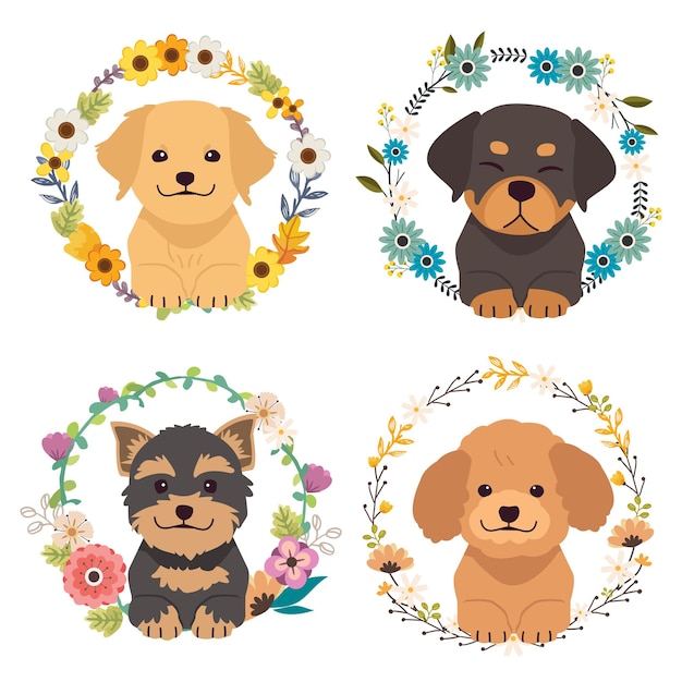 The poster for character of cute dog and friends sitting of flower wreath in flat vector style