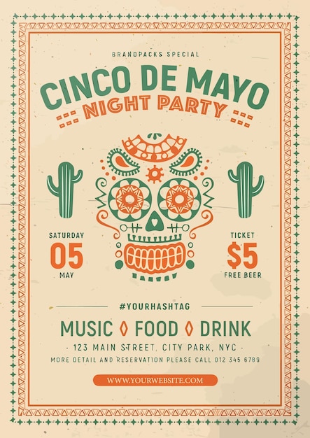 A poster for cinco de mayo night party.