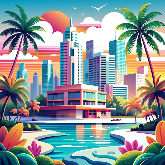 Vector a poster for a city with palm trees and a city in the background