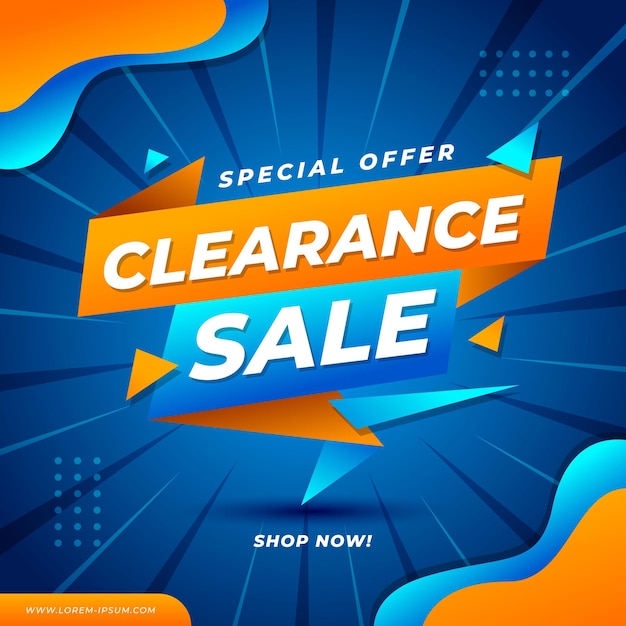 A poster for a clearance sale with blue and orange lines.