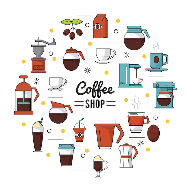 poster of coffee shop with several icons related to coffee