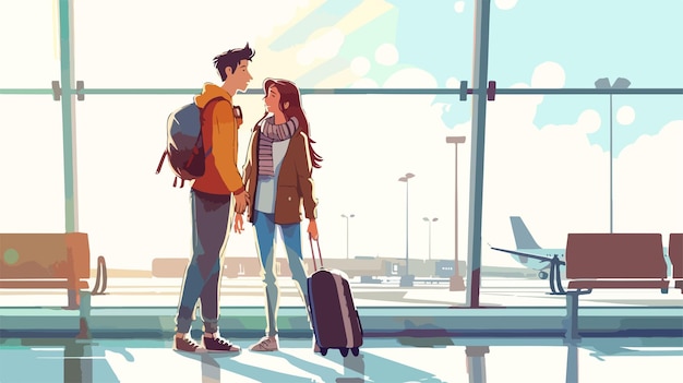 Vector a poster of a couple in an airport with a suitcase