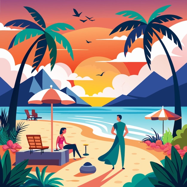 a poster for a couple on the beach with a man and woman sitting on the beach