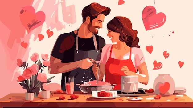 Vector a poster of a couple cooking together with hearts on the wall