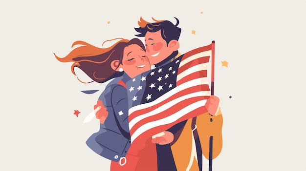 a poster of a couple hugging and holding a flag