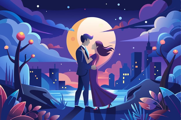 Vector a poster for a couple in love with a full moon and the city in the background