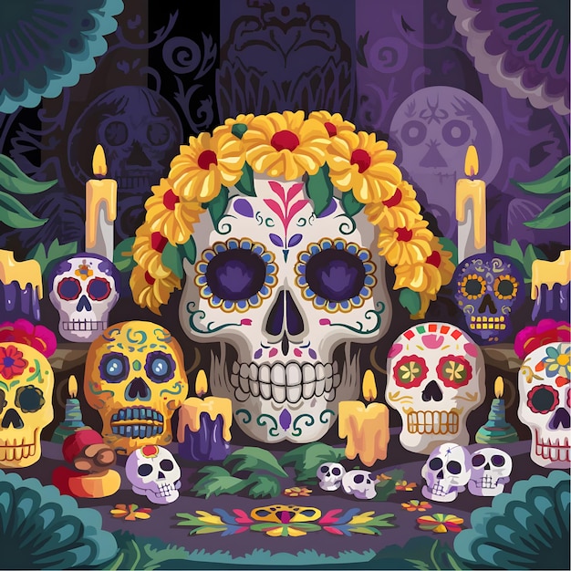 a poster for day of the dead with flowers and a skull