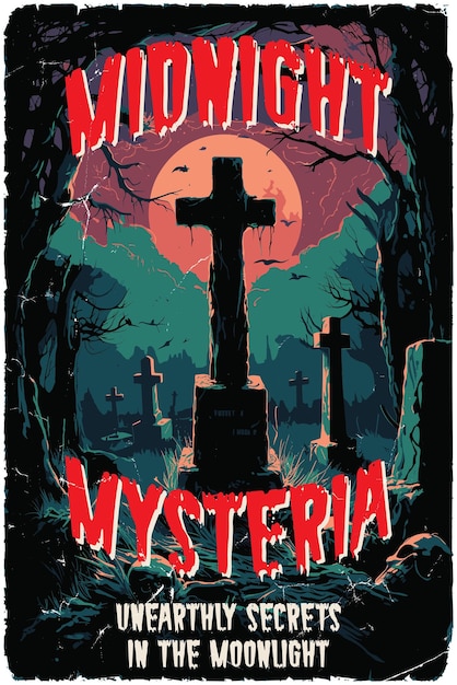 Vector poster design for a fictional 80s horror film called midnight mysteria unearthly secrets in the moonlight