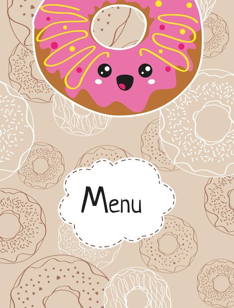 Poster design funny donut Kawaii style Sweet food Cheerful pink donut for menu Cover for coffee shop