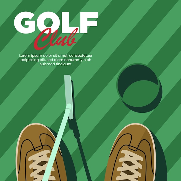 Poster design illustration of a golfer about to hit the ball into the hole with top view