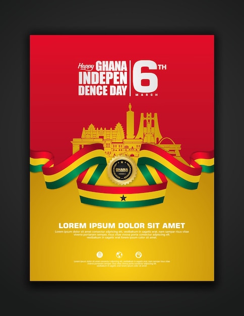 Poster design Republic Ghana happy Independence Day background template with elegant ribbon-shaped flag, gold circle ribbon and silhouette Estonia city. vector illustrations