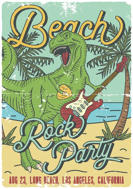 Poster design with illustration of tyrannosaurus playing on electric guitar