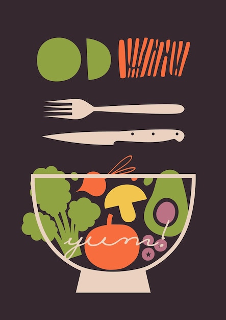 Poster design with veggies, berries, bowl, fork, knife, slices, lettering.Vegetarian, vegan concept