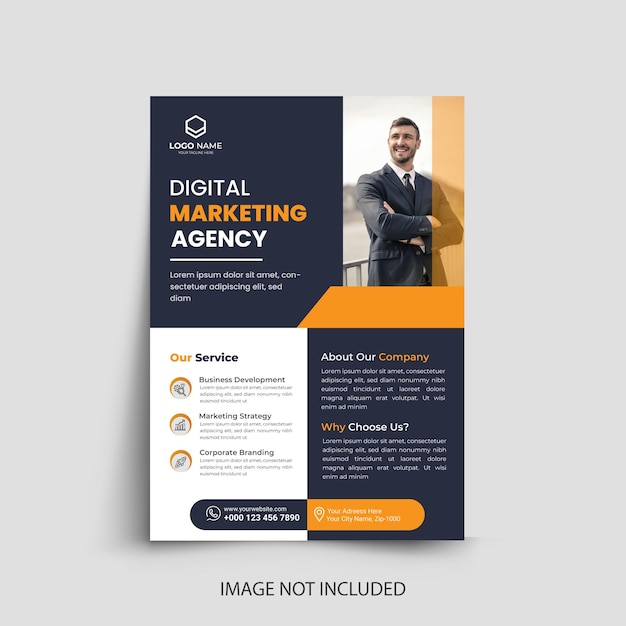 a poster for a digital marketing with a man in a suit standing next to it