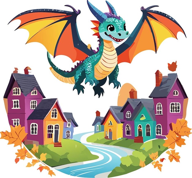 Vector a poster for a dragon with houses and trees in the background