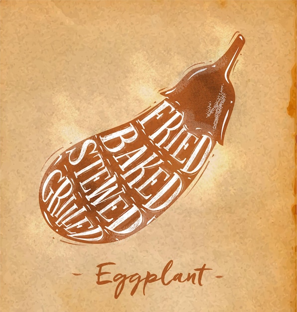 Poster eggplant cutting scheme lettering fried baked stewed grilled in retro style on craft