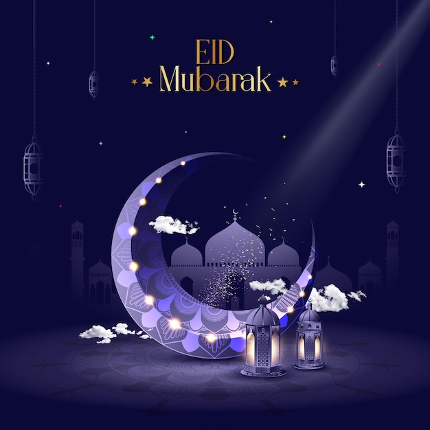 A poster for eid mubarak with a crescent moon and lights.