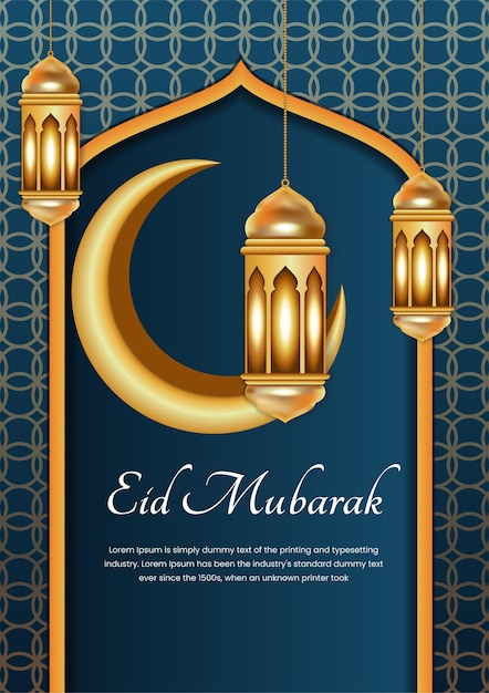 A poster for eid mubarak with a gold design and a crescent moon.