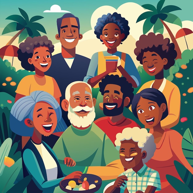 a poster of a family with palm trees and a man holding a plate of food