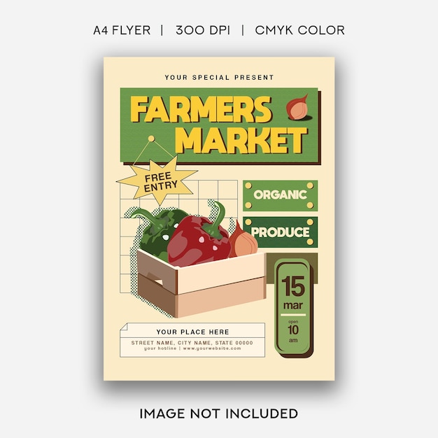 A poster for farmers market with a green box and a box of fruit.