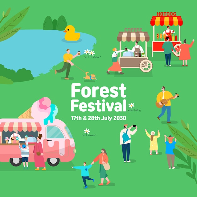 a poster for the forest festival with people and a car with people in the background