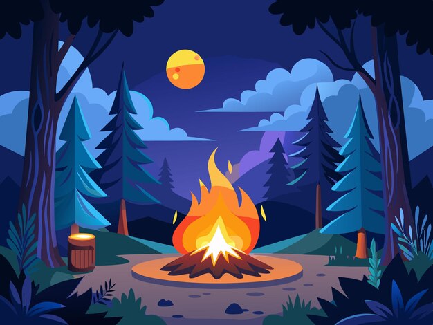 Vector a poster for a forest with a campfire and a campfire