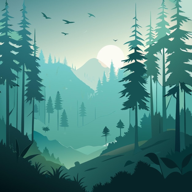 a poster for a forest with a full moon and trees