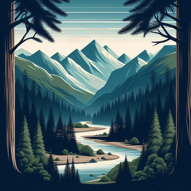 a poster for a forest with a river and mountains in the background