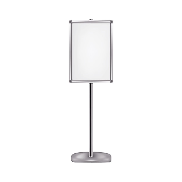 Poster frame mockup Floor standing display with metal base Blank white placard sign holder stand