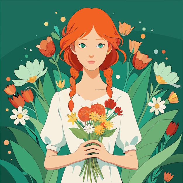 Vector a poster of a girl holding flowers in a garden