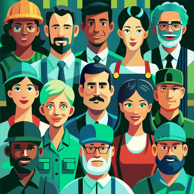 a poster of a group of people with different colors and shapes